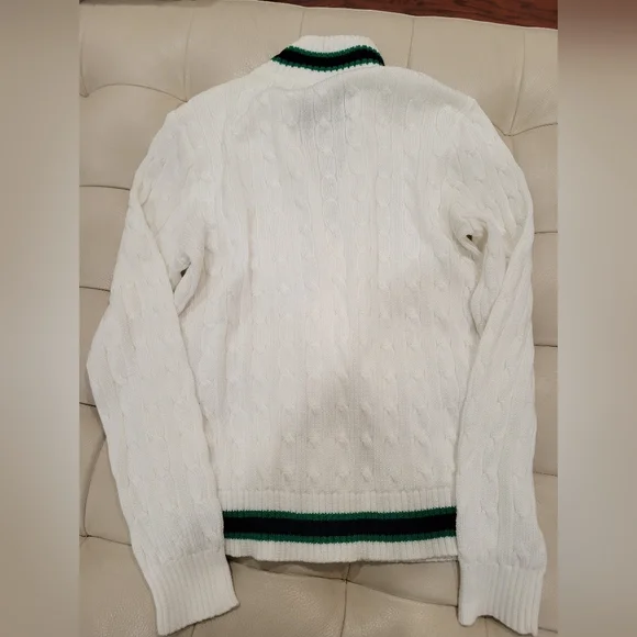 White Cable Knit Zip-Up Sweater with Green and Blue Stripes - Picture 2 of 4